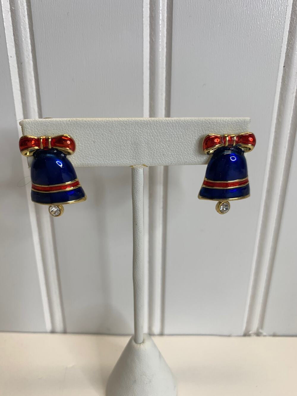 Blue Red Enamel Bell Earrings Red Bows 3/4"